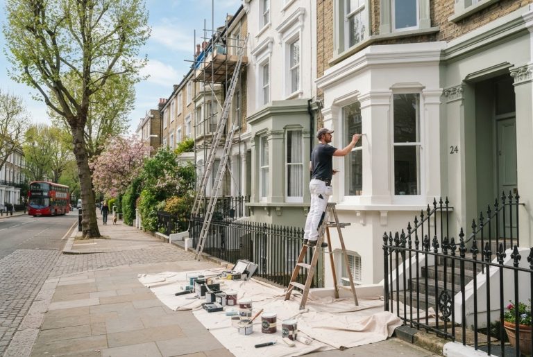 Professional decorator painting a London townhouse exterior in mild spring weather