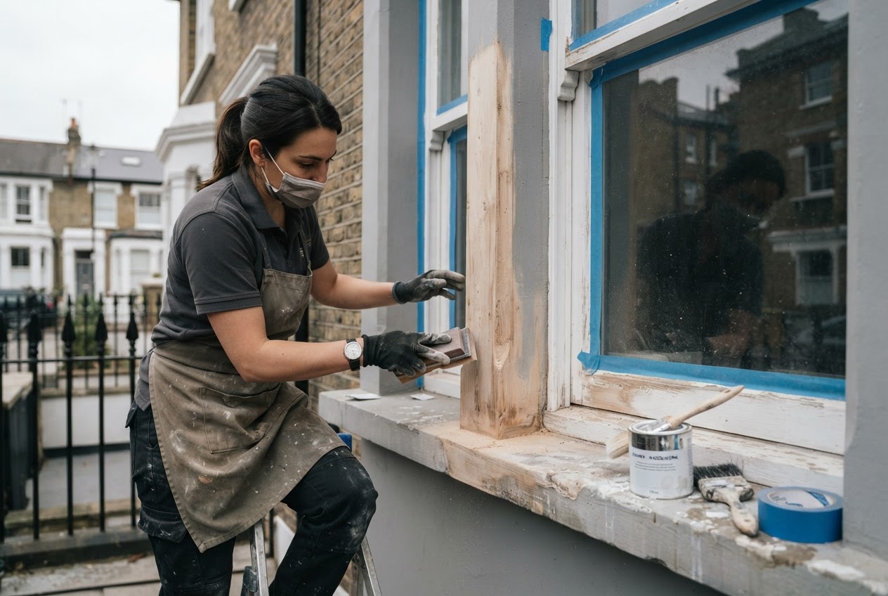 Decorator preparing exterior sash window woodwork before painting in London